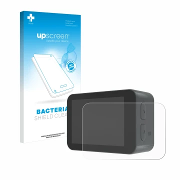 Parte frontale di una confezione del prodotto con il logo del marchio upscreen. Accanto è raffigurato il dispositivo Akaso V50