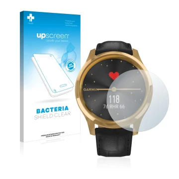 Parte frontale di una confezione del prodotto con il logo del marchio upscreen. Accanto è raffigurato il dispositivo Garmin vi