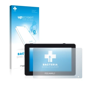 Parte frontale di una confezione del prodotto con il logo del marchio upscreen. Accanto è raffigurato il dispositivo Feelworld