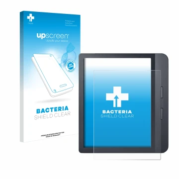 Parte frontale di una confezione del prodotto con il logo del marchio upscreen. Accanto è raffigurato il dispositivo Kobo Libr
