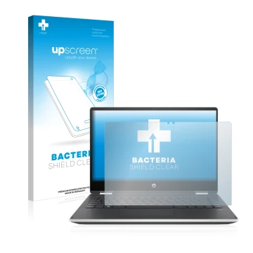 Parte frontale di una confezione del prodotto con il logo del marchio upscreen. Accanto è raffigurato il dispositivo HP Pavili