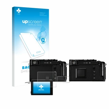 Parte frontale di una confezione del prodotto con il logo del marchio upscreen. Accanto è raffigurato il dispositivo Fujifilm 