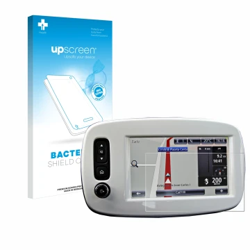 Parte frontale di una confezione del prodotto con il logo del marchio upscreen. Accanto è raffigurato il dispositivo TomTom Sm