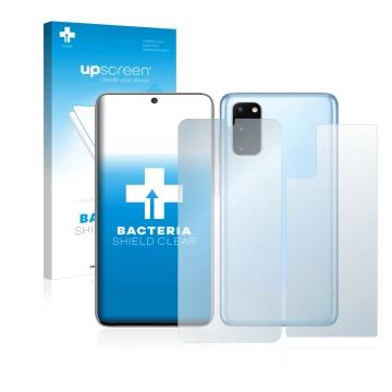 Parte frontale di una confezione del prodotto con il logo del marchio upscreen. Accanto è raffigurato il dispositivo Samsung G