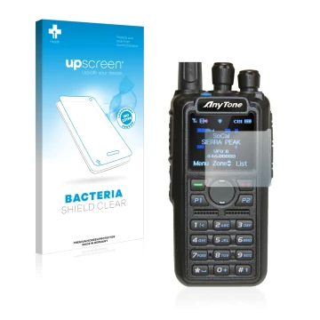 Parte frontale di una confezione del prodotto con il logo del marchio upscreen. Accanto è raffigurato il dispositivo AnyTone A