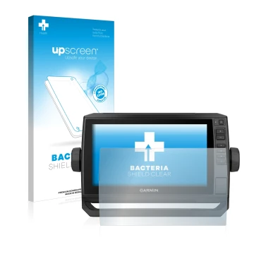 Parte frontale di una confezione del prodotto con il logo del marchio upscreen. Accanto è raffigurato il dispositivo Garmin EC