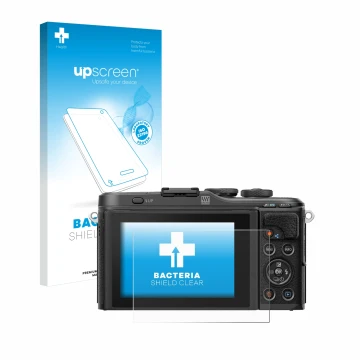 Parte frontale di una confezione del prodotto con il logo del marchio upscreen. Accanto è raffigurato il dispositivo Olympus P