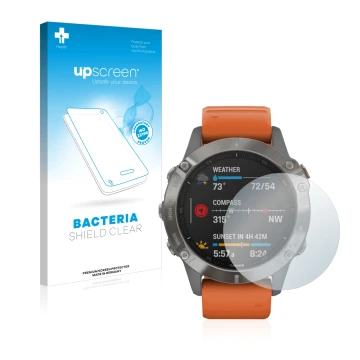 Parte frontale di una confezione del prodotto con il logo del marchio upscreen. Accanto è raffigurato il dispositivo Garmin Fe