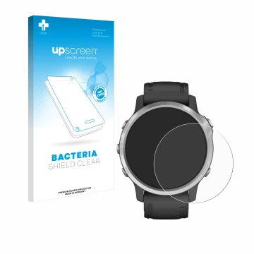 Parte frontale di una confezione del prodotto con il logo del marchio upscreen. Accanto è raffigurato il dispositivo Garmin Fe