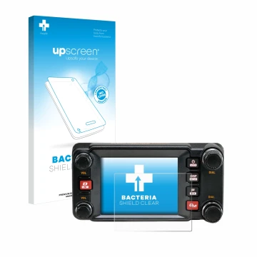 Parte frontale di una confezione del prodotto con il logo del marchio upscreen. Accanto è raffigurato il dispositivo Yaesu FTM