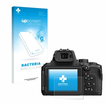 Parte frontale di una confezione del prodotto con il logo del marchio upscreen. Accanto è raffigurato il dispositivo Nikon Coo