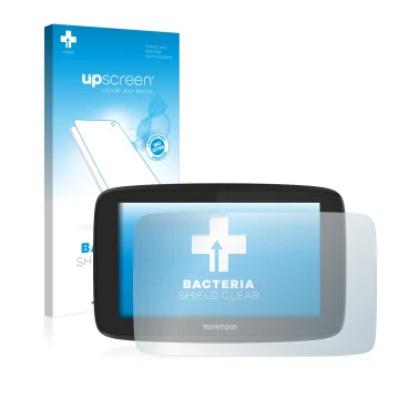 Parte frontale di una confezione del prodotto con il logo del marchio upscreen. Accanto è raffigurato il dispositivo TomTom Go