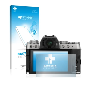 Parte frontale di una confezione del prodotto con il logo del marchio upscreen. Accanto è raffigurato il dispositivo Fujifilm 