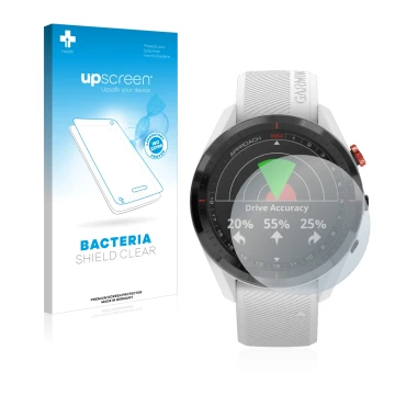 Parte frontale di una confezione del prodotto con il logo del marchio upscreen. Accanto è raffigurato il dispositivo Garmin Ap