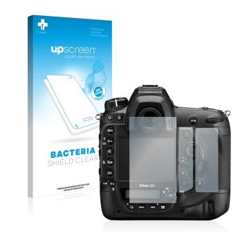 Parte frontale di una confezione del prodotto con il logo del marchio upscreen. Accanto è raffigurato il dispositivo Nikon D6 