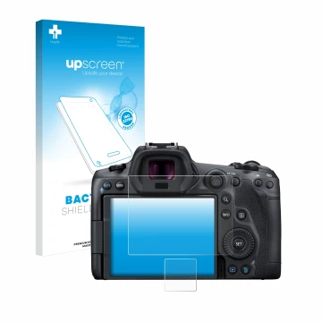 Parte frontale di una confezione del prodotto con il logo del marchio upscreen. Accanto è raffigurato il dispositivo Canon EOS