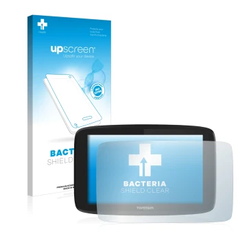 Parte frontale di una confezione del prodotto con il logo del marchio upscreen. Accanto è raffigurato il dispositivo TomTom Go
