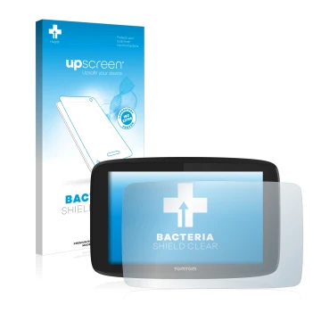 Parte frontale di una confezione del prodotto con il logo del marchio upscreen. Accanto è raffigurato il dispositivo TomTom Go