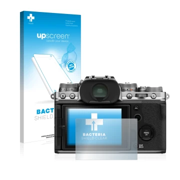 Parte frontale di una confezione del prodotto con il logo del marchio upscreen. Accanto è raffigurato il dispositivo Fujifilm 