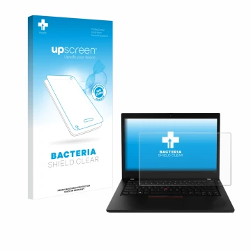 Parte frontale di una confezione del prodotto con il logo del marchio upscreen. Accanto è raffigurato il dispositivo Lenovo Th