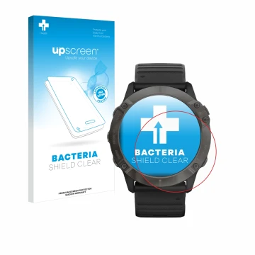Parte frontale di una confezione del prodotto con il logo del marchio upscreen. Accanto è raffigurato il dispositivo Garmin Fe