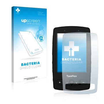 Parte frontale di una confezione del prodotto con il logo del marchio upscreen. Accanto è raffigurato il dispositivo TwoNav Av