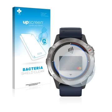 Parte frontale di una confezione del prodotto con il logo del marchio upscreen. Accanto è raffigurato il dispositivo Garmin qu