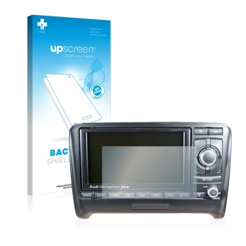 Parte frontale di una confezione del prodotto con il logo del marchio upscreen. Accanto è raffigurato il dispositivo Audi A3 8