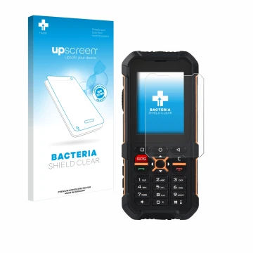 Parte frontale di una confezione del prodotto con il logo del marchio upscreen. Accanto è raffigurato il dispositivo RugGear R