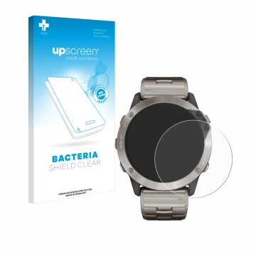 Parte frontale di una confezione del prodotto con il logo del marchio upscreen. Accanto è raffigurato il dispositivo Garmin qu