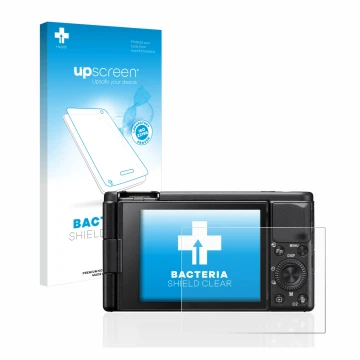Parte frontale di una confezione del prodotto con il logo del marchio upscreen. Accanto è raffigurato il dispositivo Sony ZV-1