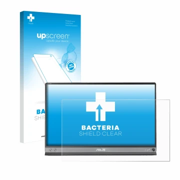 Parte frontale di una confezione del prodotto con il logo del marchio upscreen. Accanto è raffigurato il dispositivo ASUS ZenS