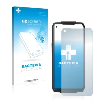 Parte frontale di una confezione del prodotto con il logo del marchio upscreen. Accanto è raffigurato il dispositivo Oukitel W