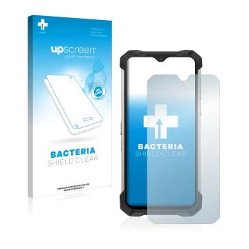 Parte frontale di una confezione del prodotto con il logo del marchio upscreen. Accanto è raffigurato il dispositivo Doogee S8