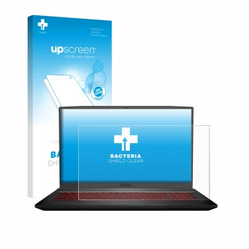 Parte frontale di una confezione del prodotto con il logo del marchio upscreen. Accanto è raffigurato il dispositivo MSI GF75 