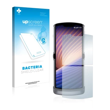 Parte frontale di una confezione del prodotto con il logo del marchio upscreen. Accanto è raffigurato il dispositivo Motorola 