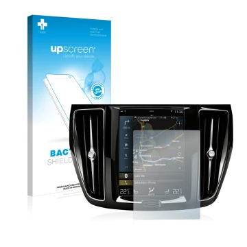 Parte frontale di una confezione del prodotto con il logo del marchio upscreen. Accanto è raffigurato il dispositivo Volvo S60