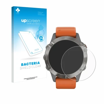 Parte frontale di una confezione del prodotto con il logo del marchio upscreen. Accanto è raffigurato il dispositivo Garmin Fe