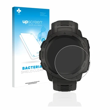 Parte frontale di una confezione del prodotto con il logo del marchio upscreen. Accanto è raffigurato il dispositivo Garmin In