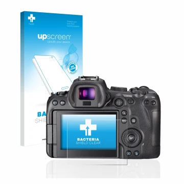 Parte frontale di una confezione del prodotto con il logo del marchio upscreen. Accanto è raffigurato il dispositivo Canon EOS