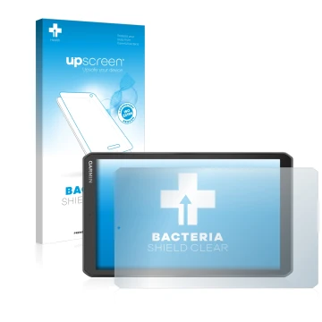 Parte frontale di una confezione del prodotto con il logo del marchio upscreen. Accanto è raffigurato il dispositivo Garmin Ca