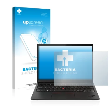 Parte frontale di una confezione del prodotto con il logo del marchio upscreen. Accanto è raffigurato il dispositivo Lenovo Th