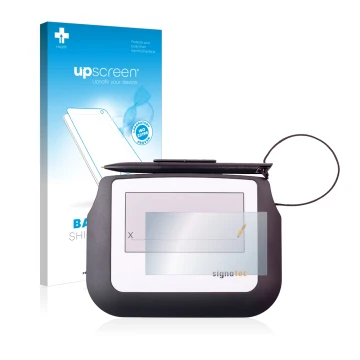 Parte frontale di una confezione del prodotto con il logo del marchio upscreen. Accanto è raffigurato il dispositivo Signotec 