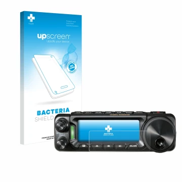 Parte frontale di una confezione del prodotto con il logo del marchio upscreen. Accanto è raffigurato il dispositivo Yaesu FT-