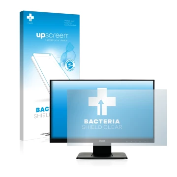 Parte frontale di una confezione del prodotto con il logo del marchio upscreen. Accanto è raffigurato il dispositivo Iiyama Pr