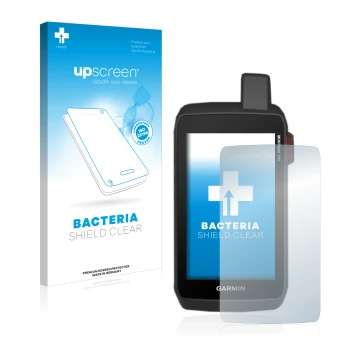 Parte frontale di una confezione del prodotto con il logo del marchio upscreen. Accanto è raffigurato il dispositivo Garmin Mo