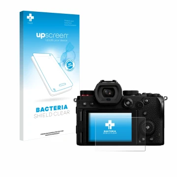 Parte frontale di una confezione del prodotto con il logo del marchio upscreen. Accanto è raffigurato il dispositivo Panasonic