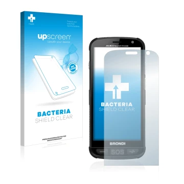 Parte frontale di una confezione del prodotto con il logo del marchio upscreen. Accanto è raffigurato il dispositivo Brondi Am