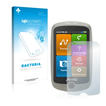 Parte frontale di una confezione del prodotto con il logo del marchio upscreen. Accanto è raffigurato il dispositivo Mitac Mio