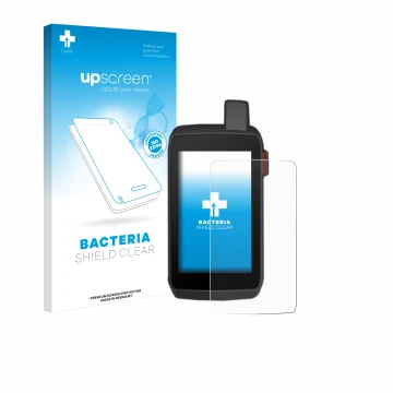 Parte frontale di una confezione del prodotto con il logo del marchio upscreen. Accanto è raffigurato il dispositivo Garmin Mo